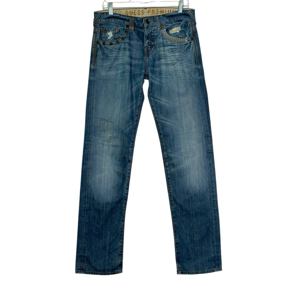 GUESS Premium Rebel Regular Straight Studded Distressed Jeans size 30